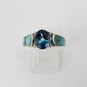 Genuine London Blue Topaz & Turquoise Ring Sterling Silver Size 7 NEW